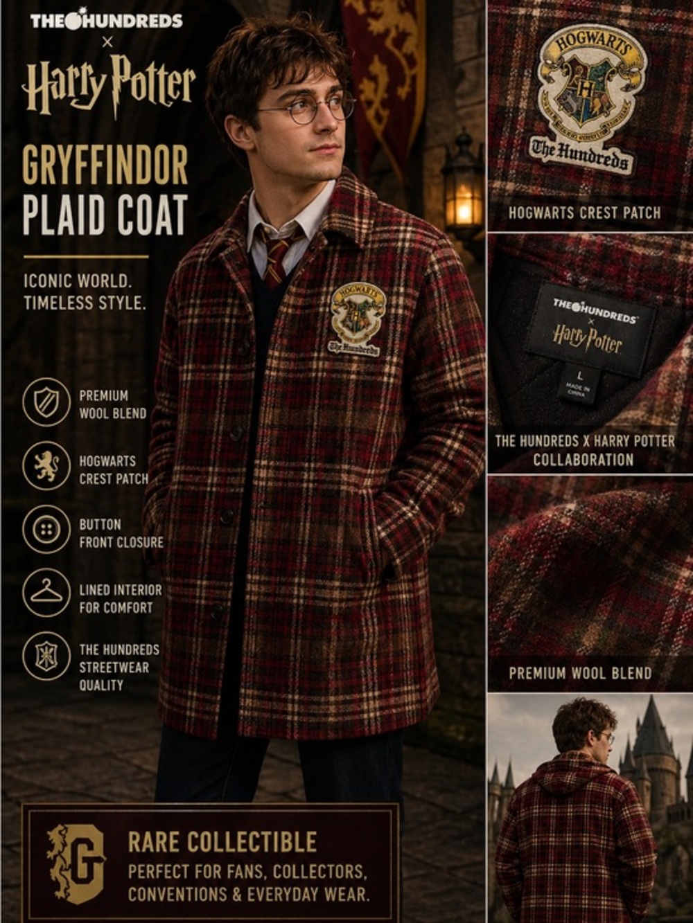 The Hundreds Harry Potter Gryffindor Plaid Wool Blend Coat Jacket Mens
